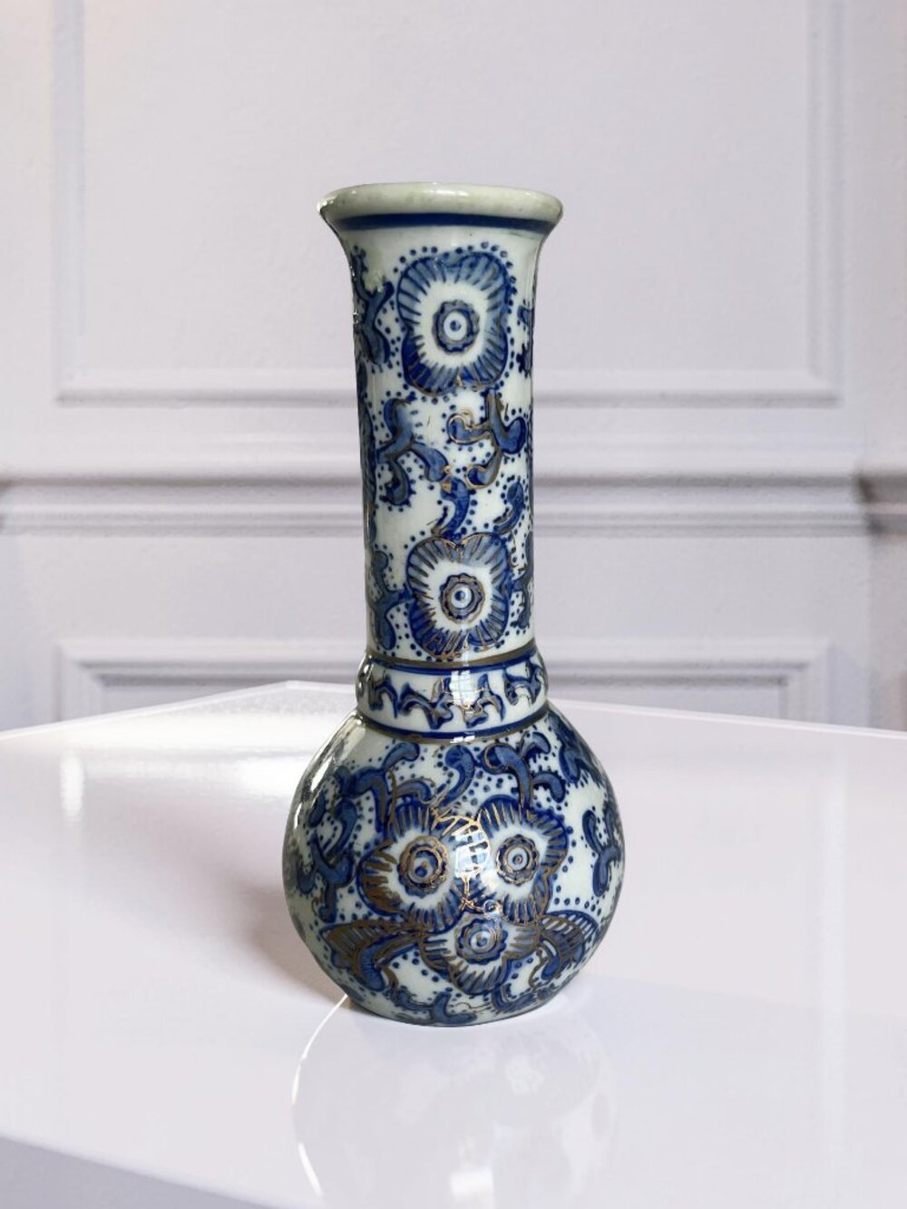 Asian Porcelain Vase Blue Gold Floral Design